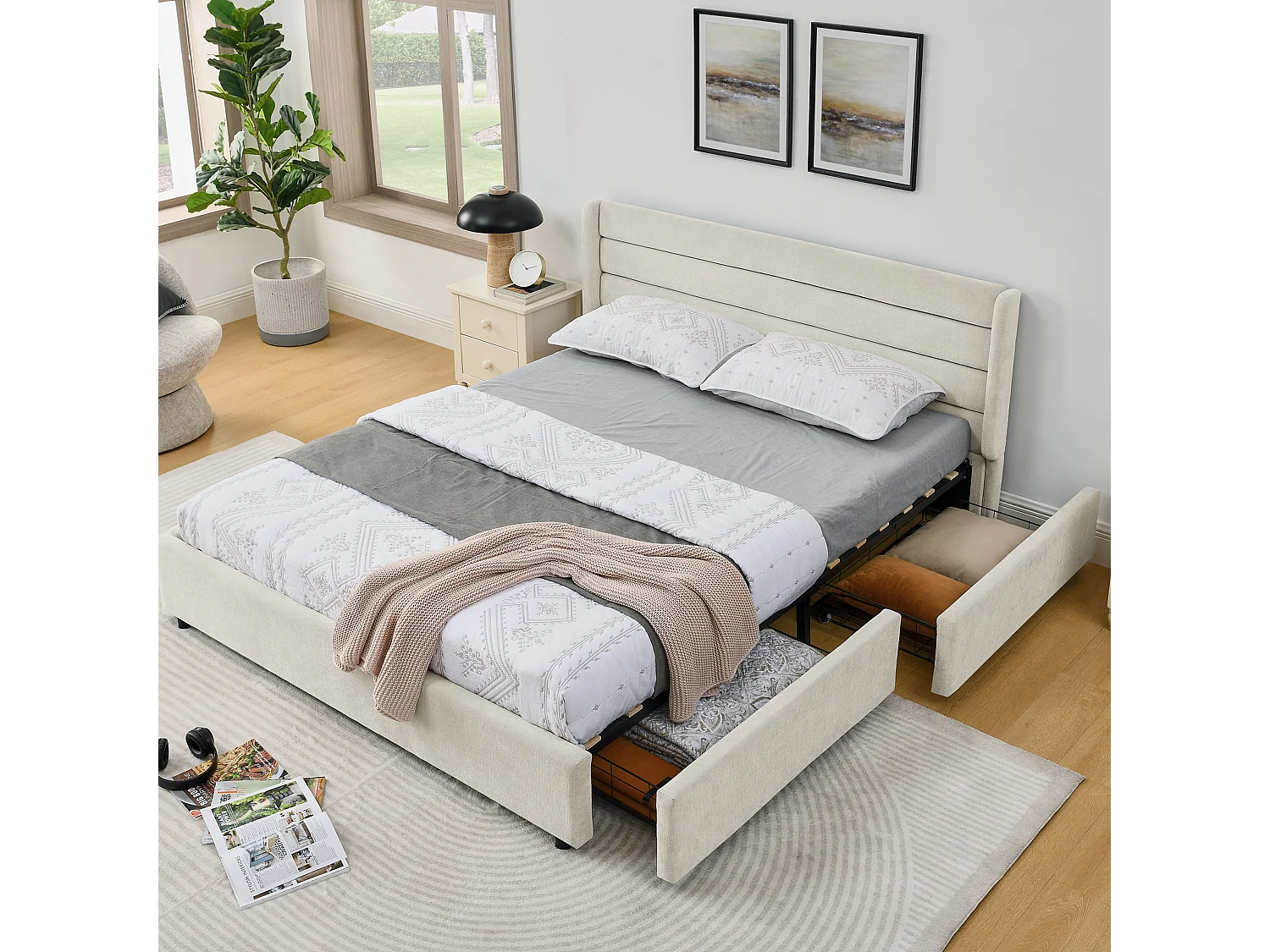 Lit double adulte 160 x 200 cm avec 4 tiroirs, tissu chenille beige, sans matelas