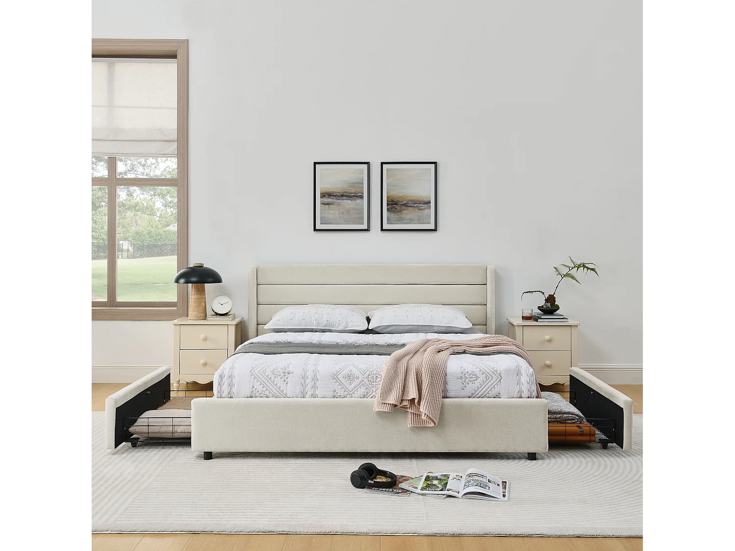 Lit double adulte 160 x 200 cm avec 4 tiroirs, tissu chenille beige, sans matelas