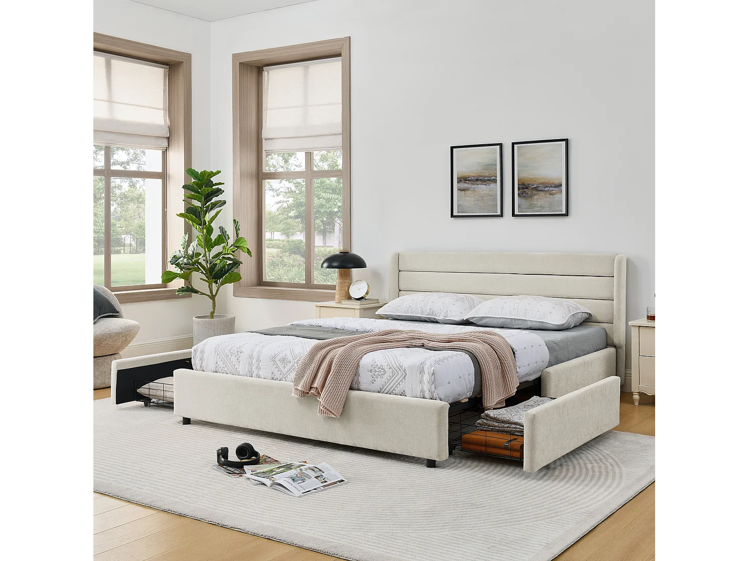 Lit double adulte 160 x 200 cm avec 4 tiroirs, tissu chenille beige, sans matelas