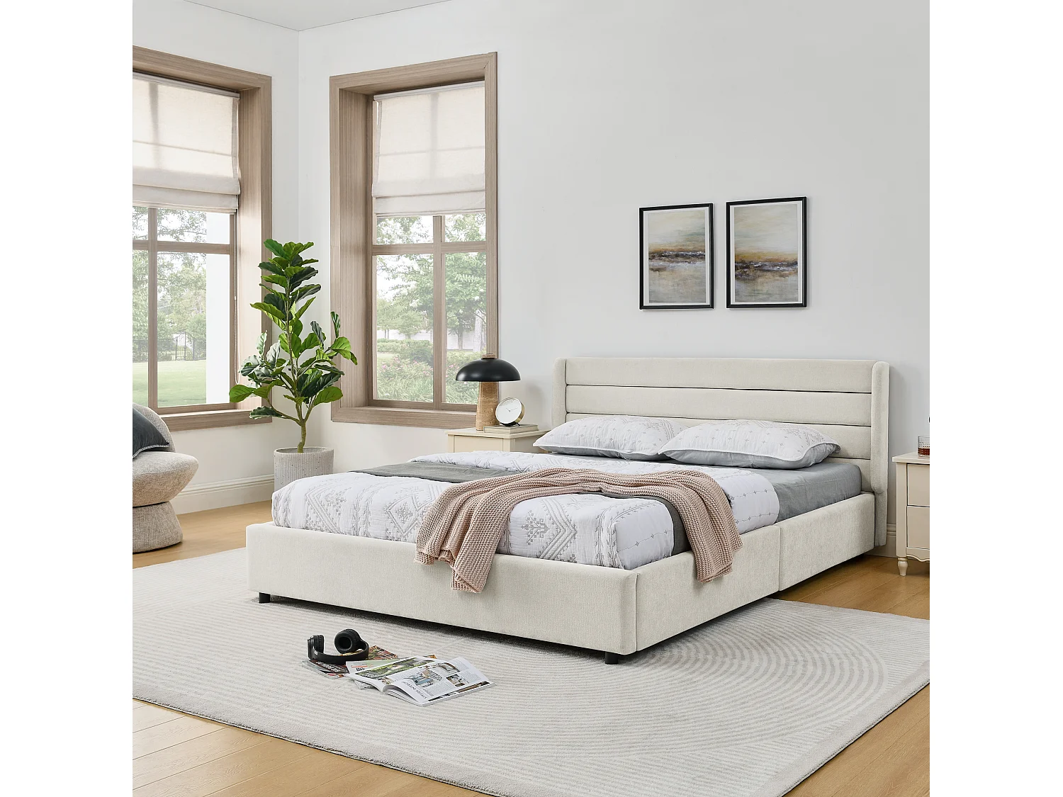 Lit double adulte 160 x 200 cm avec 4 tiroirs, tissu chenille beige, sans matelas