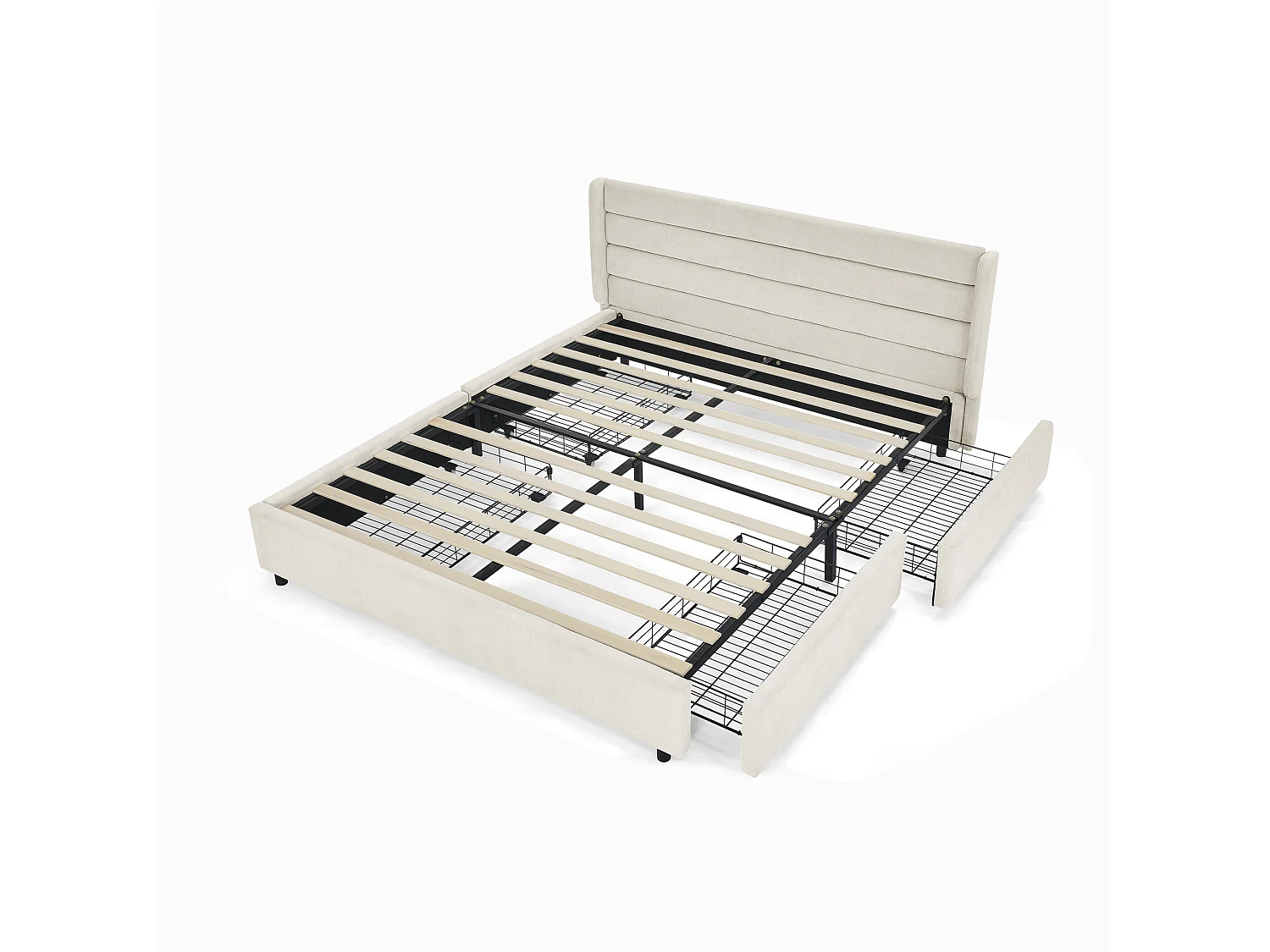 Lit double adulte 160 x 200 cm avec 4 tiroirs, tissu chenille beige, sans matelas