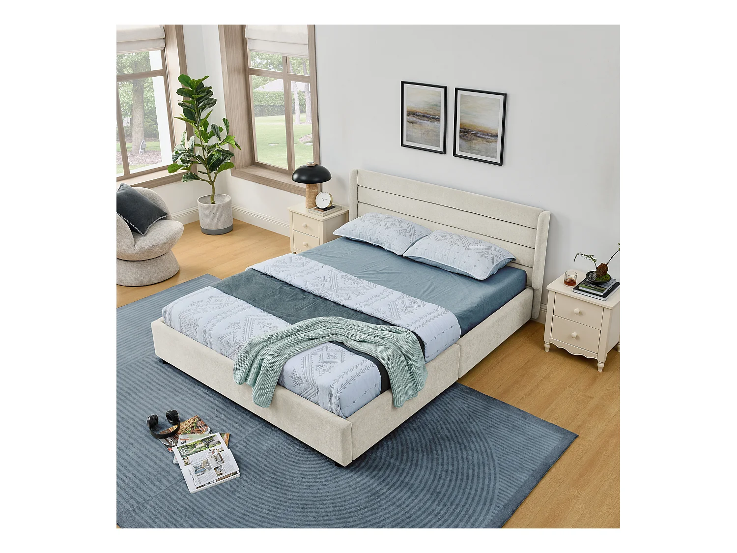 Cama de matrimonio 140x200 cm con 4 cajones, tejido chenilla beige, sin colchón