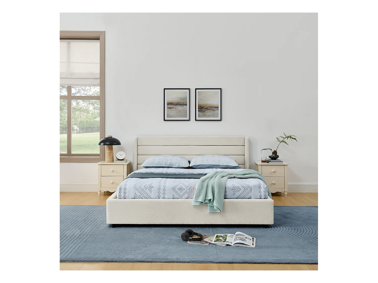 Cama de matrimonio 140x200 cm con 4 cajones, tejido chenilla beige, sin colchón