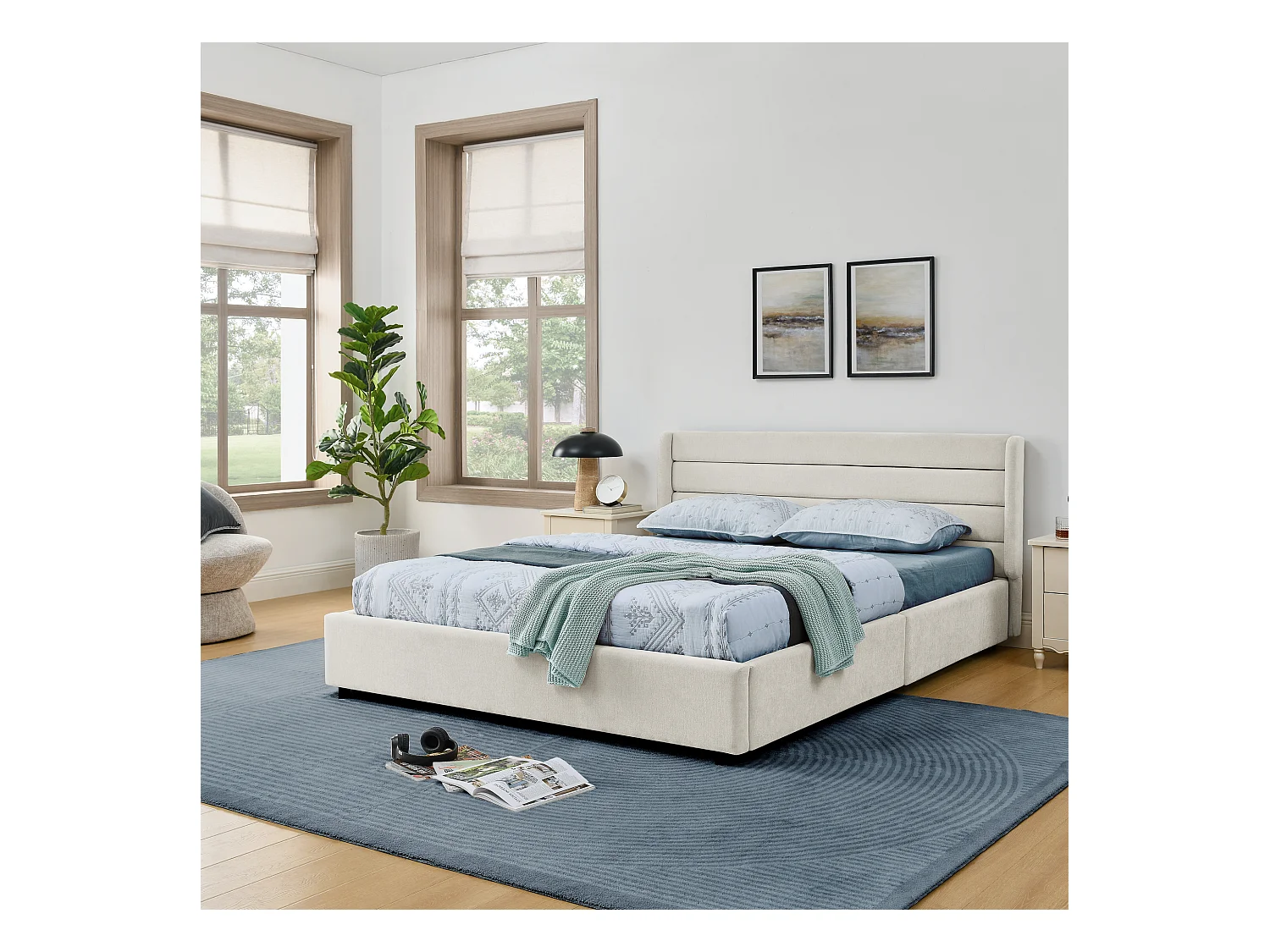 Cama de matrimonio 140x200 cm con 4 cajones, tejido chenilla beige, sin colchón