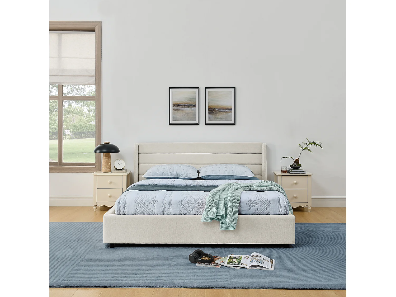 Lit double 140 x 200 cm avec 4 tiroirs, tissu chenille beige, sans matelas