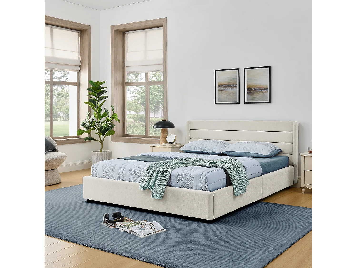 Lit double 140 x 200 cm avec 4 tiroirs, tissu chenille beige, sans matelas