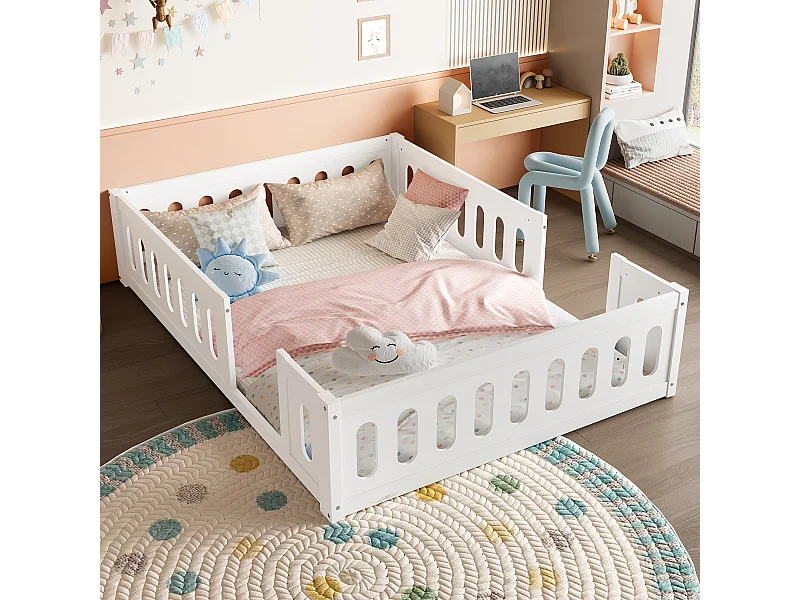 Lit enfant blanc 140x200cm avec barrière semi-fermée, sans sommier à lattes