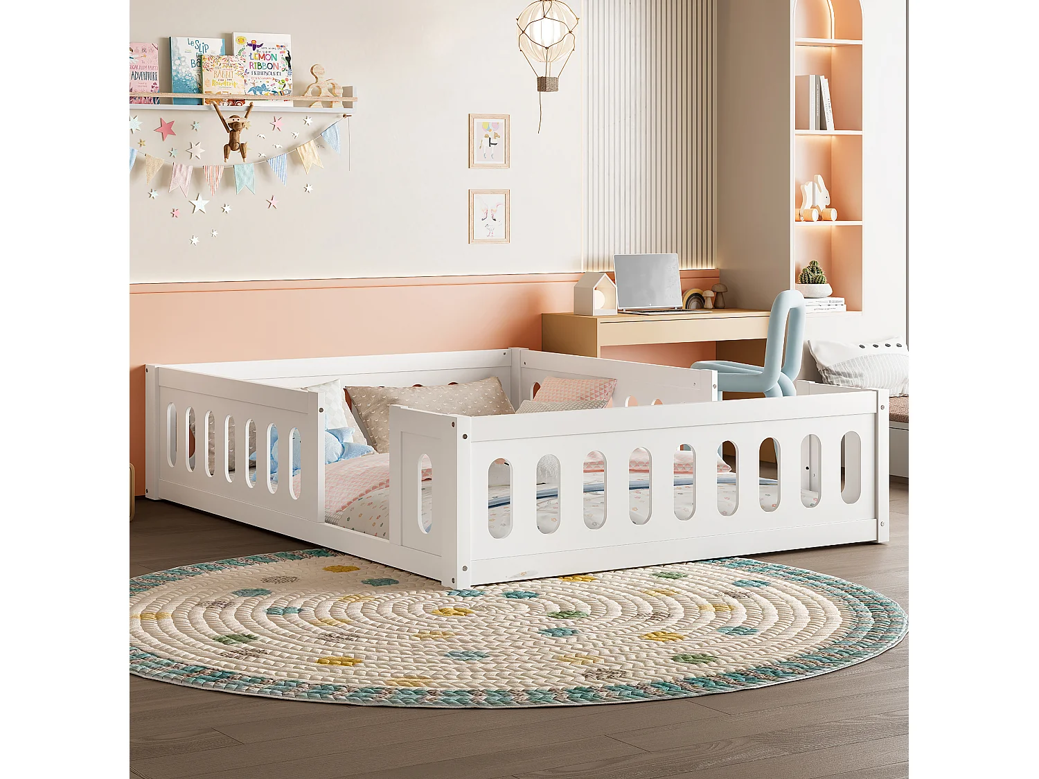 Lit enfant blanc 140x200cm avec barrière semi-fermée, sans sommier à lattes