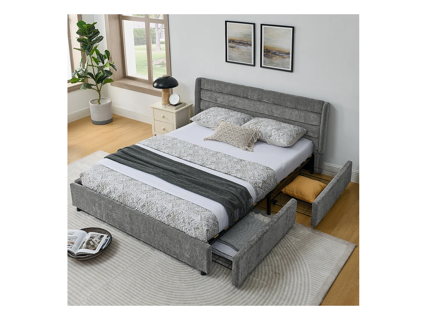 Cama doble adulto 160x200 cm con 4 cajones, tejido chenilla gris oscuro, sin colchón