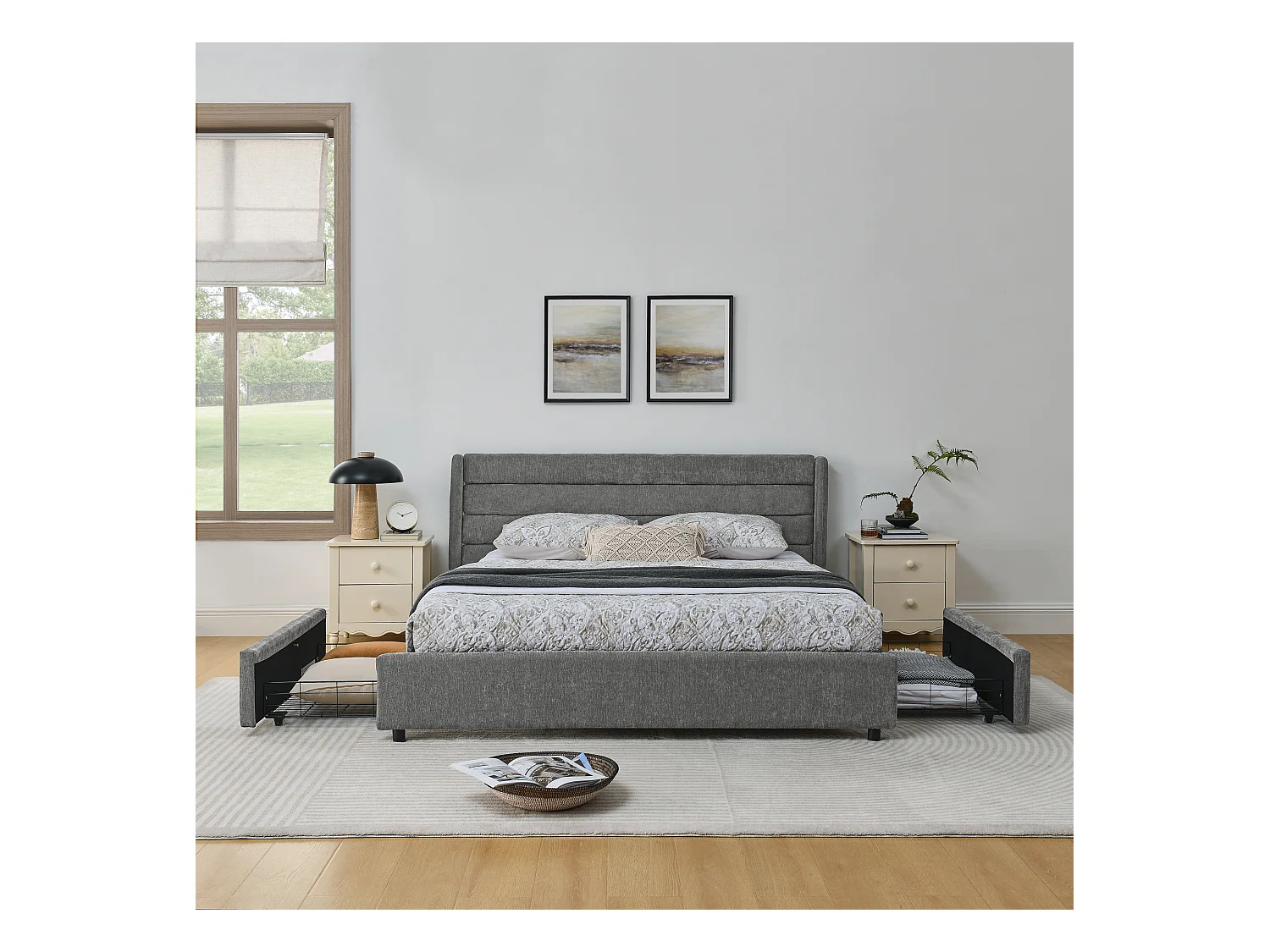 Cama doble adulto 160x200 cm con 4 cajones, tejido chenilla gris oscuro, sin colchón