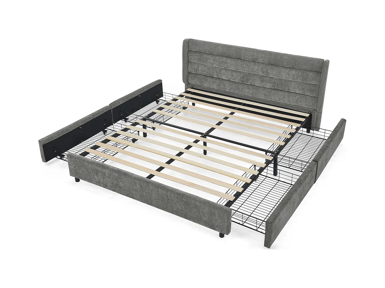 Cama doble adulto 160x200 cm con 4 cajones, tejido chenilla gris oscuro, sin colchón