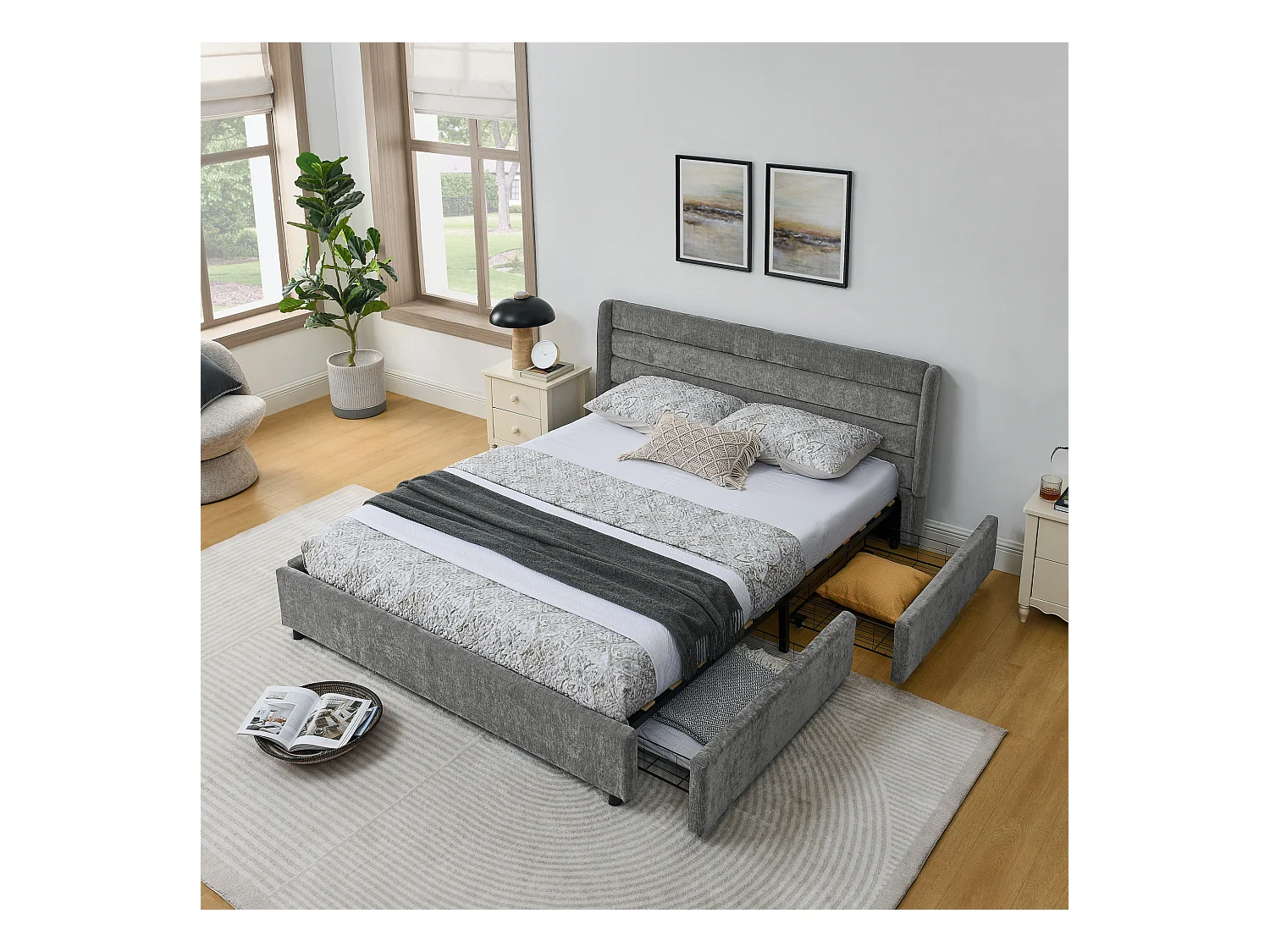 Cama doble adulto 160x200 cm con 4 cajones, tejido chenilla gris oscuro, sin colchón