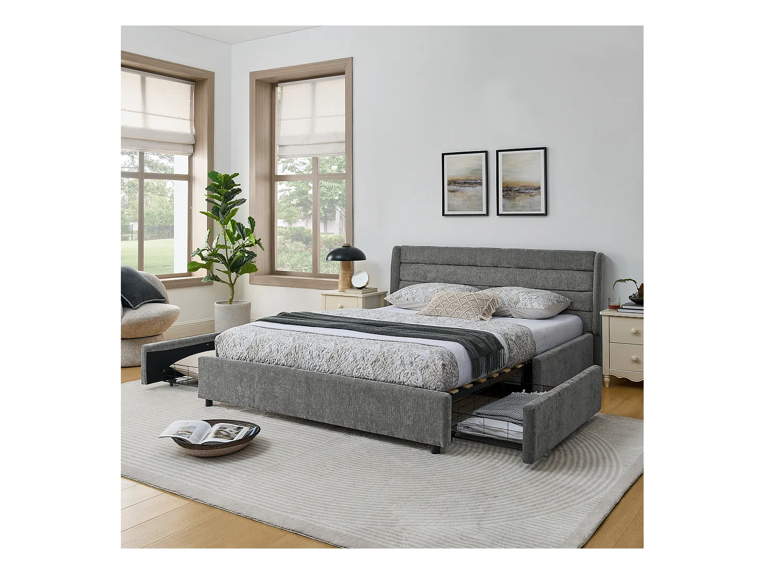 Cama doble adulto 160x200 cm con 4 cajones, tejido chenilla gris oscuro, sin colchón