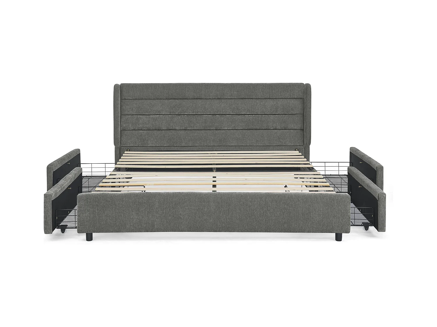 Cama doble adulto 160x200 cm con 4 cajones, tejido chenilla gris oscuro, sin colchón