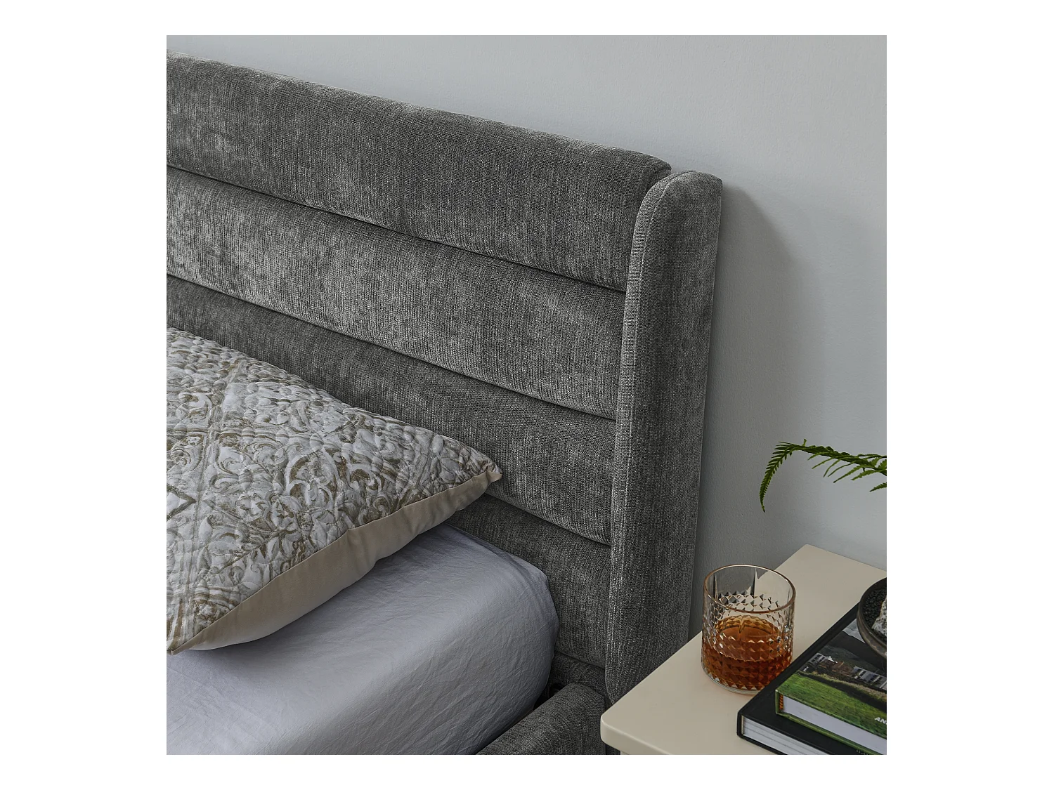 Cama doble adulto 160x200 cm con 4 cajones, tejido chenilla gris oscuro, sin colchón