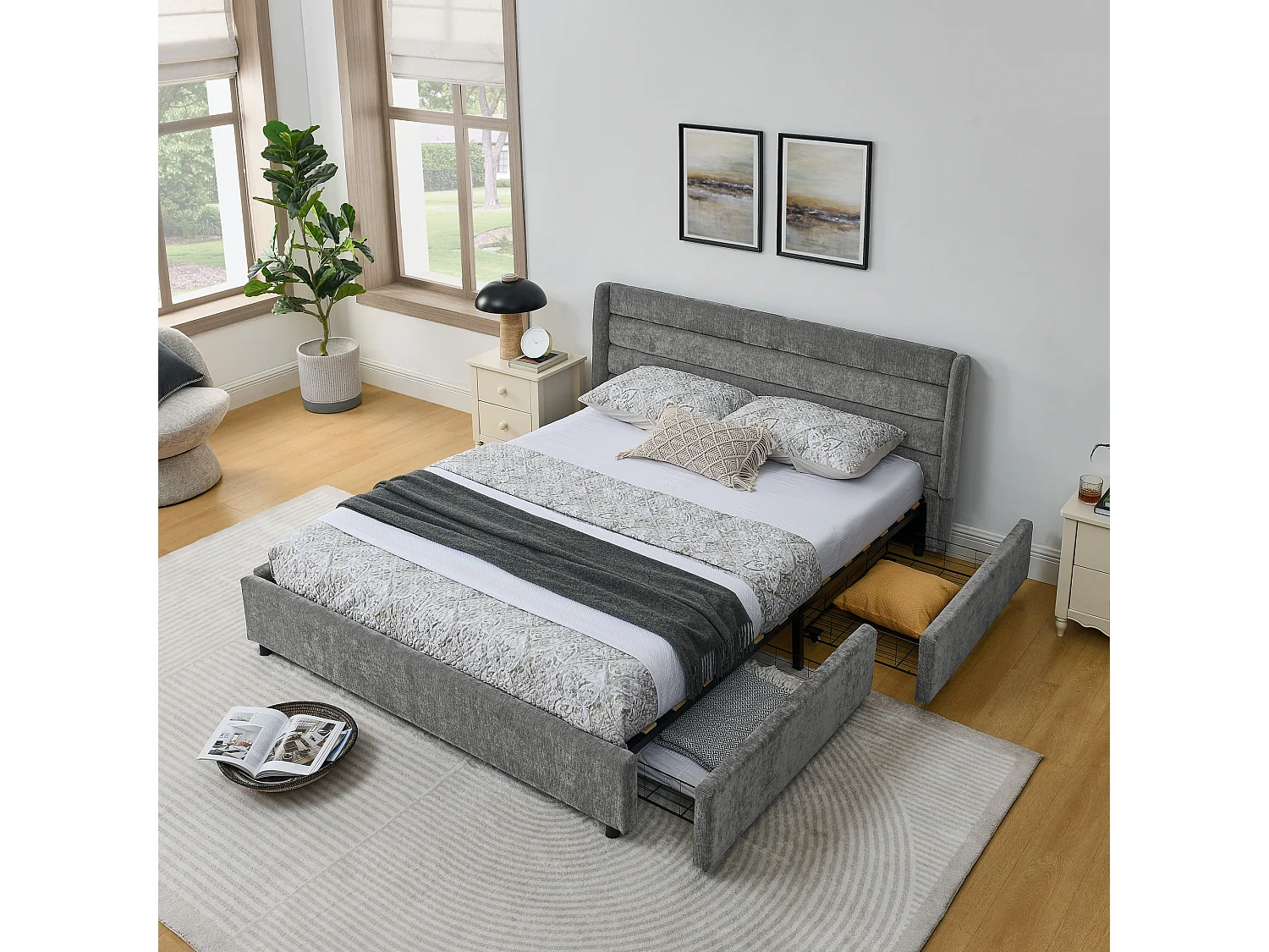 Lit double adulte 160 x 200 cm avec 4 tiroirs, tissu chenille gris foncé, sans matelas