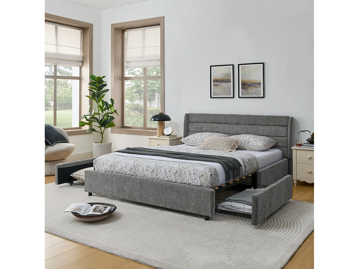 Lit double adulte 160 x 200 cm avec 4 tiroirs, tissu chenille gris foncé, sans matelas