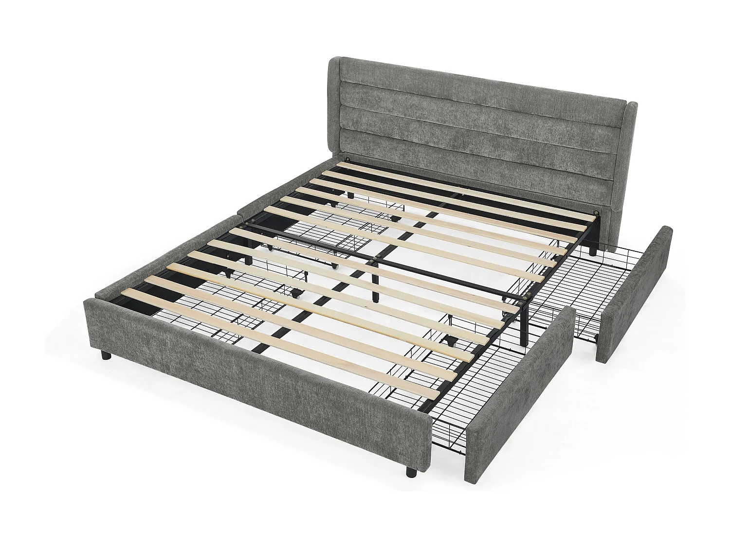 Lit double adulte 160 x 200 cm avec 4 tiroirs, tissu chenille gris foncé, sans matelas