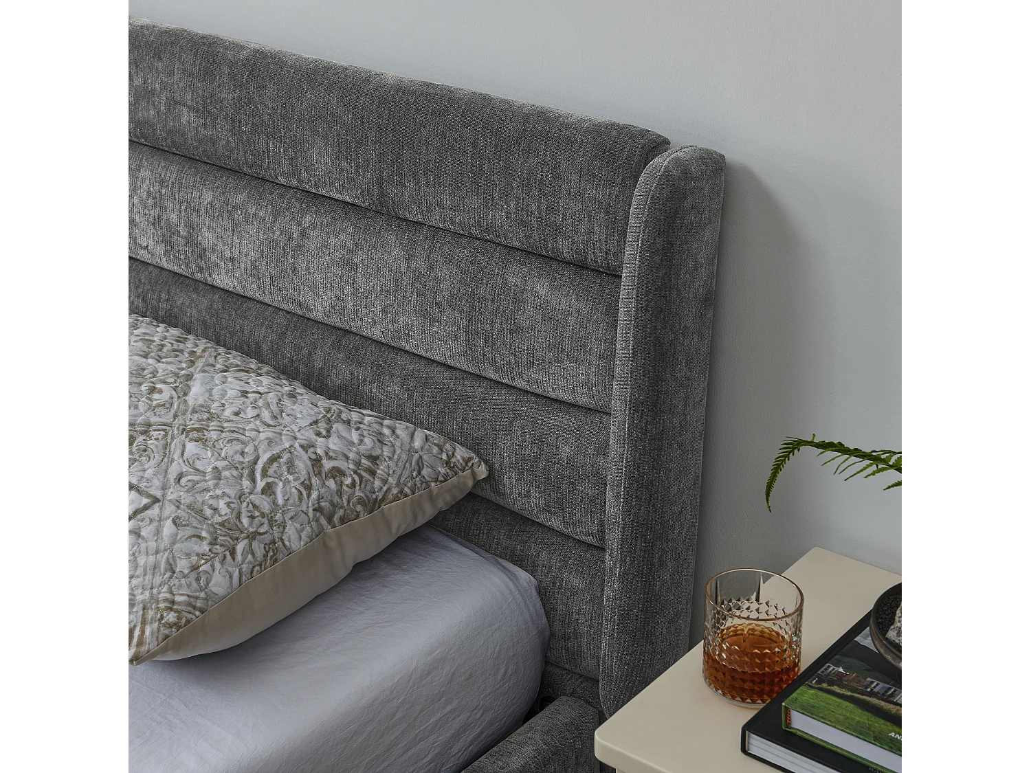 Lit double adulte 160 x 200 cm avec 4 tiroirs, tissu chenille gris foncé, sans matelas