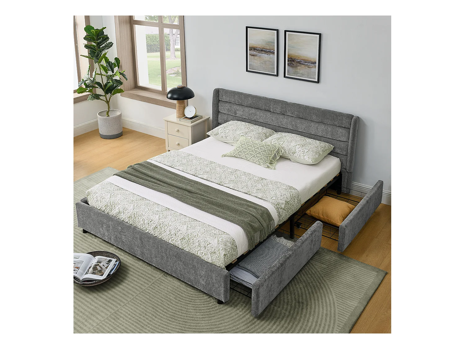 Cama de matrimonio 140x200 cm con 4 cajones, tejido chenilla gris oscuro, sin colchón