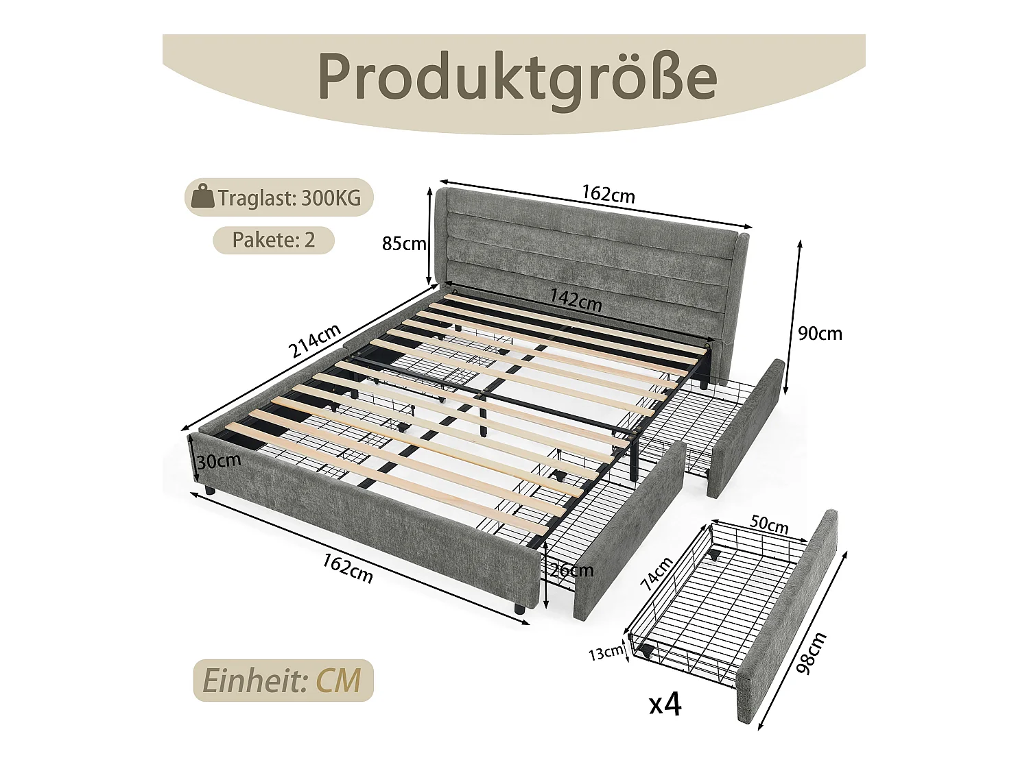 Cama de matrimonio 140x200 cm con 4 cajones, tejido chenilla gris oscuro, sin colchón