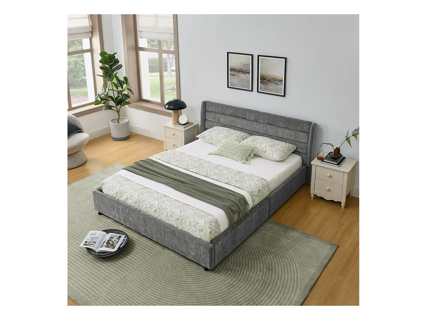 Cama de matrimonio 140x200 cm con 4 cajones, tejido chenilla gris oscuro, sin colchón