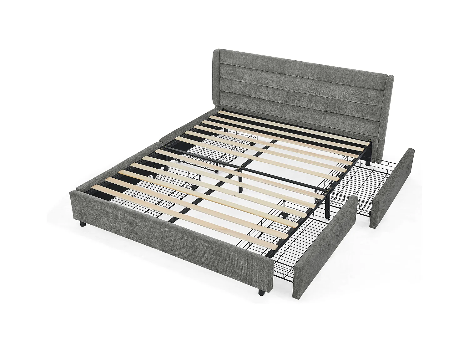 Cama de matrimonio 140x200 cm con 4 cajones, tejido chenilla gris oscuro, sin colchón