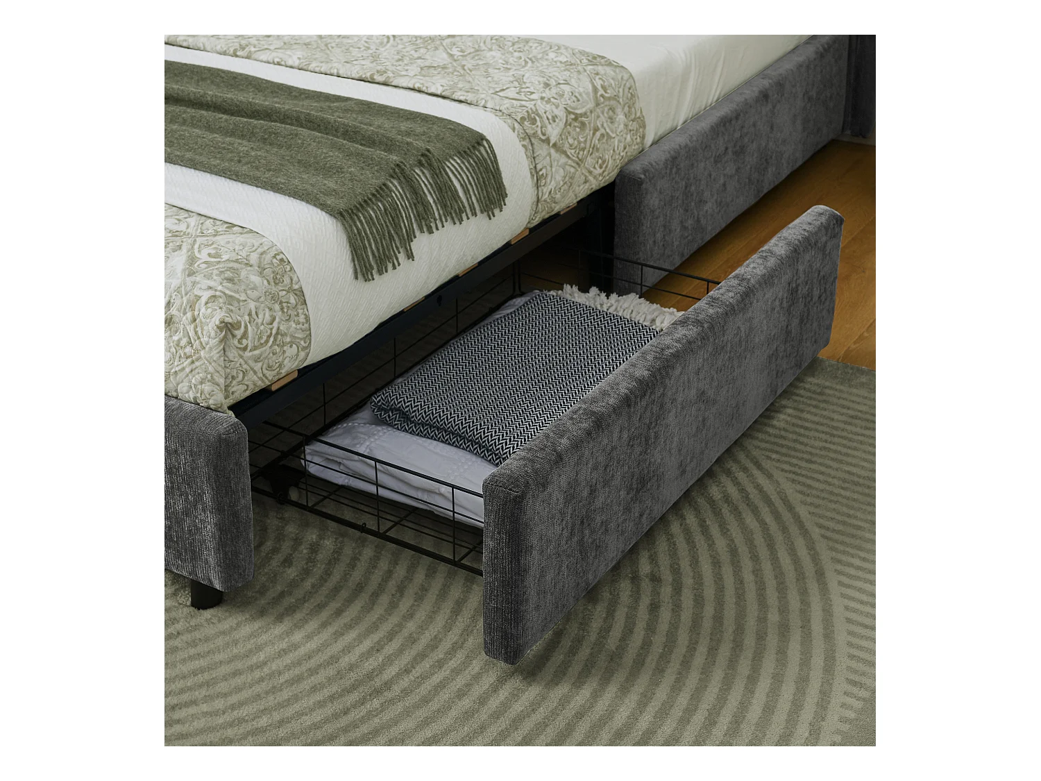 Cama de matrimonio 140x200 cm con 4 cajones, tejido chenilla gris oscuro, sin colchón