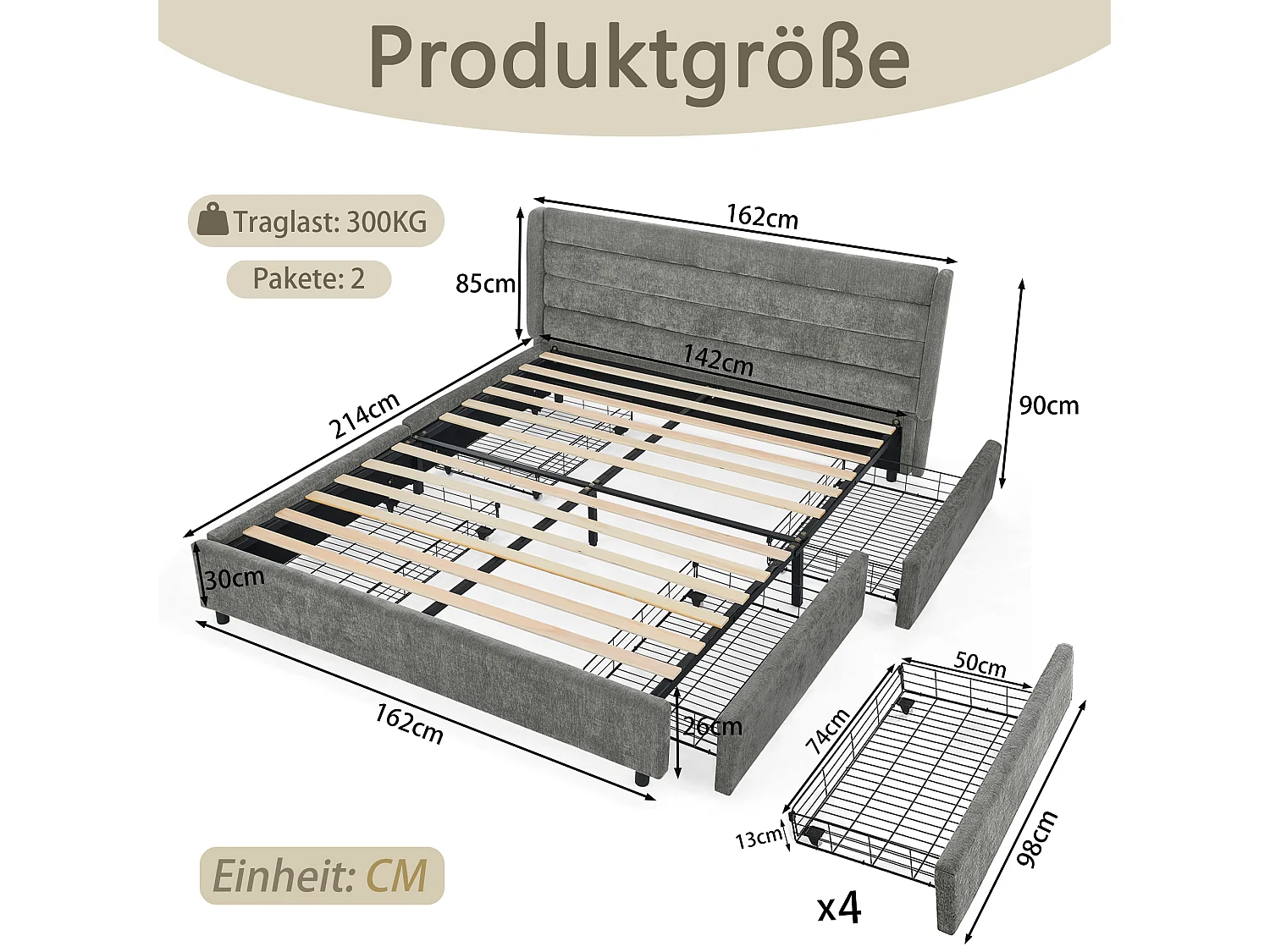 Lit double 140 x 200 cm avec 4 tiroirs, tissu chenille gris foncé, sans matelas