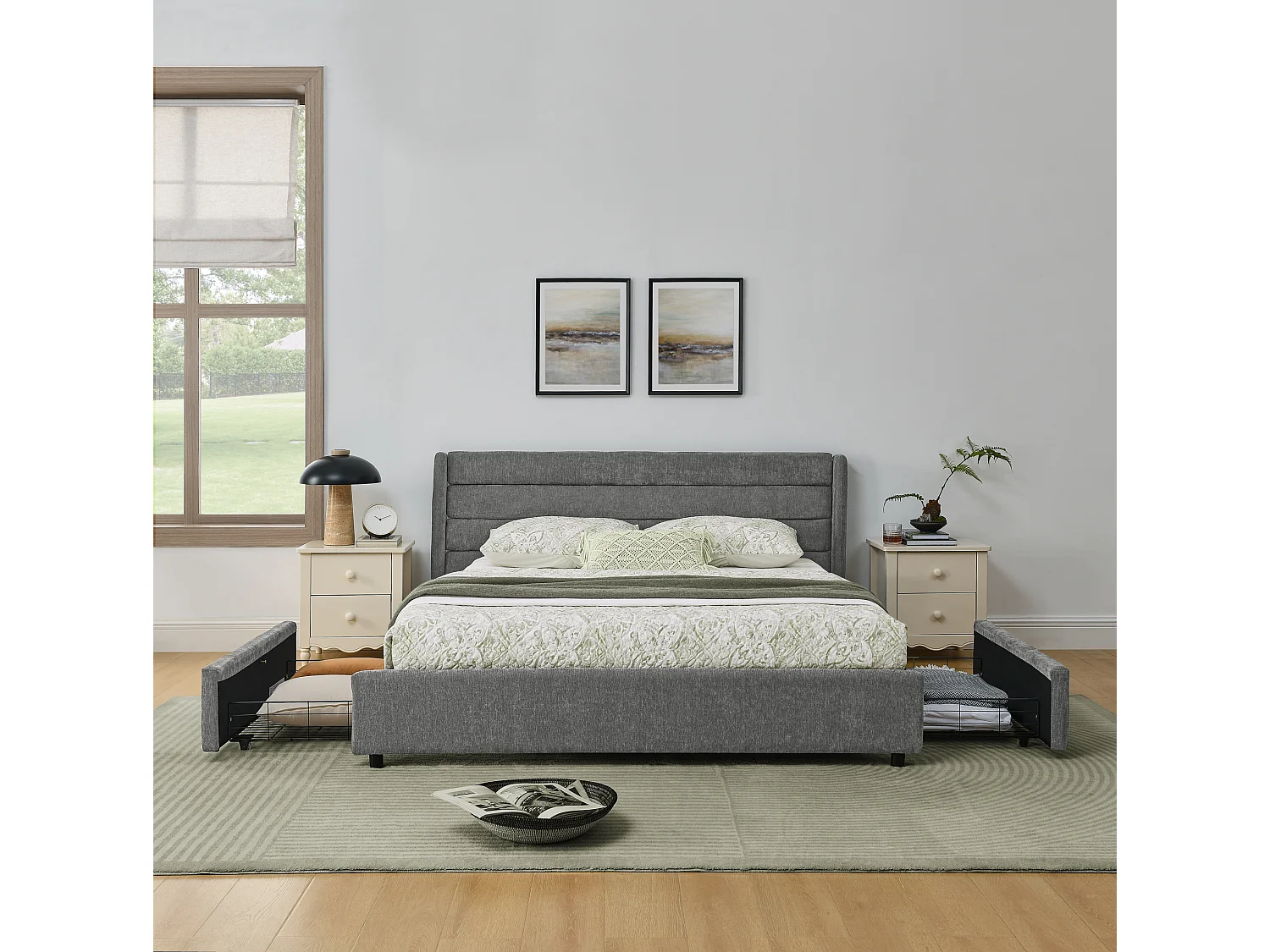 Lit double 140 x 200 cm avec 4 tiroirs, tissu chenille gris foncé, sans matelas