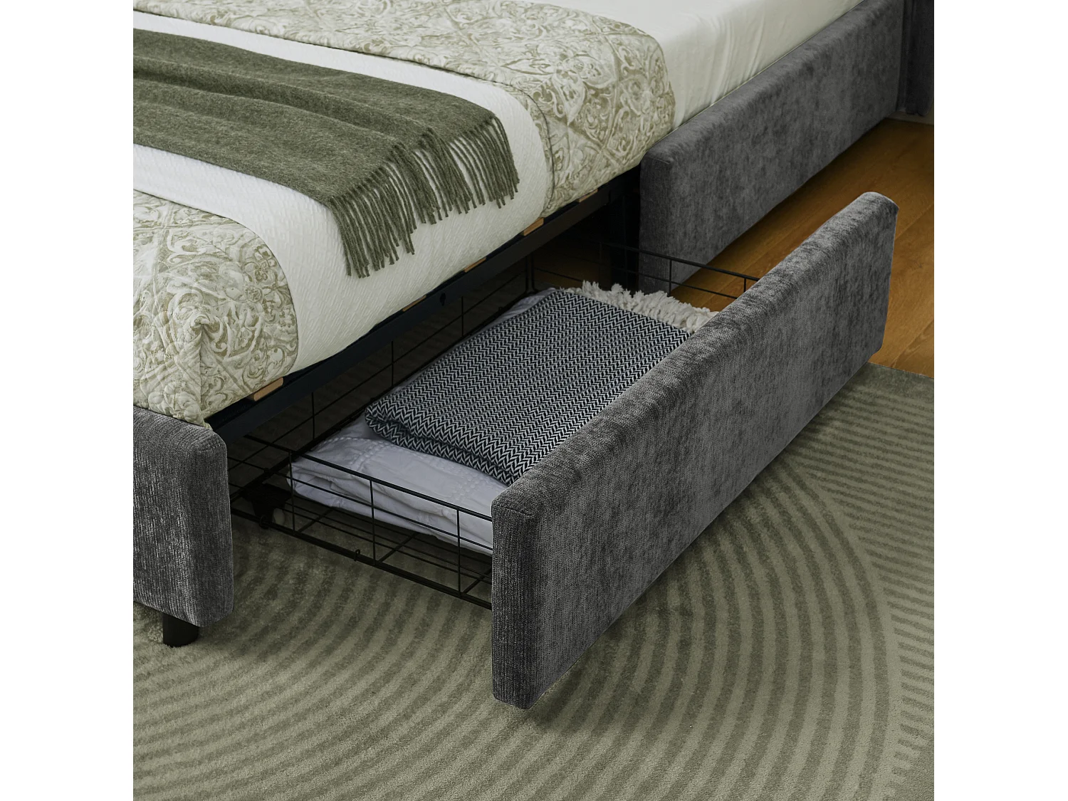 Lit double 140 x 200 cm avec 4 tiroirs, tissu chenille gris foncé, sans matelas