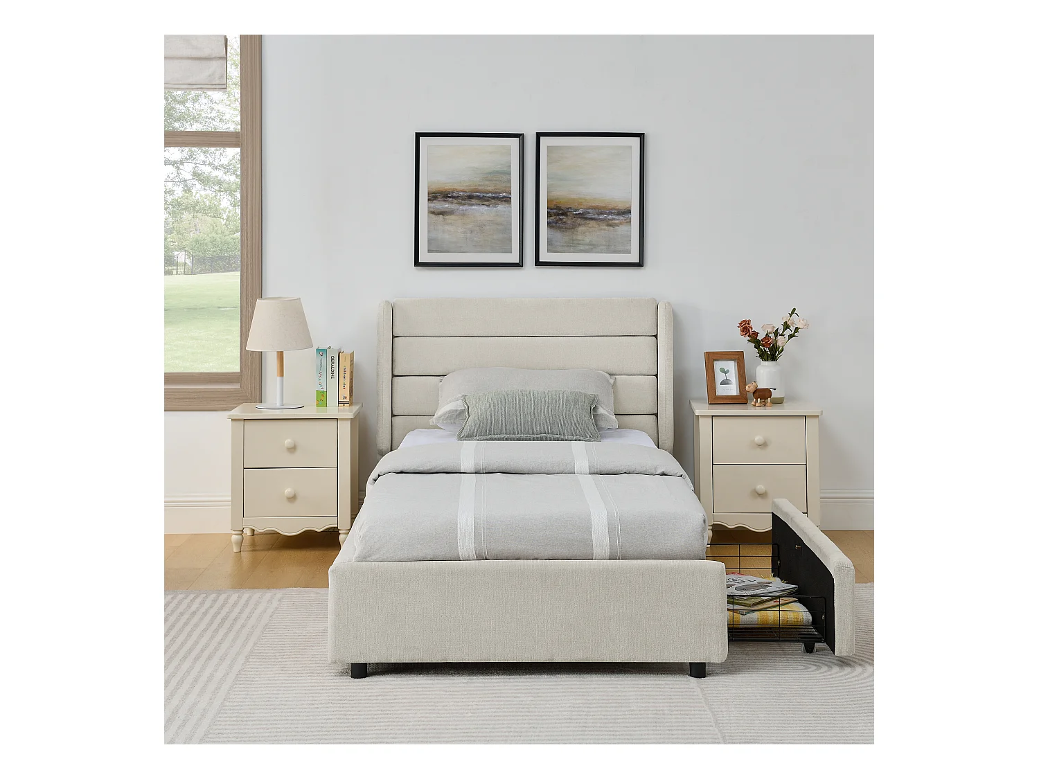 Cama individual de 90 x 200 cm con 2 cajones, tejido chenilla beige, sin colchón