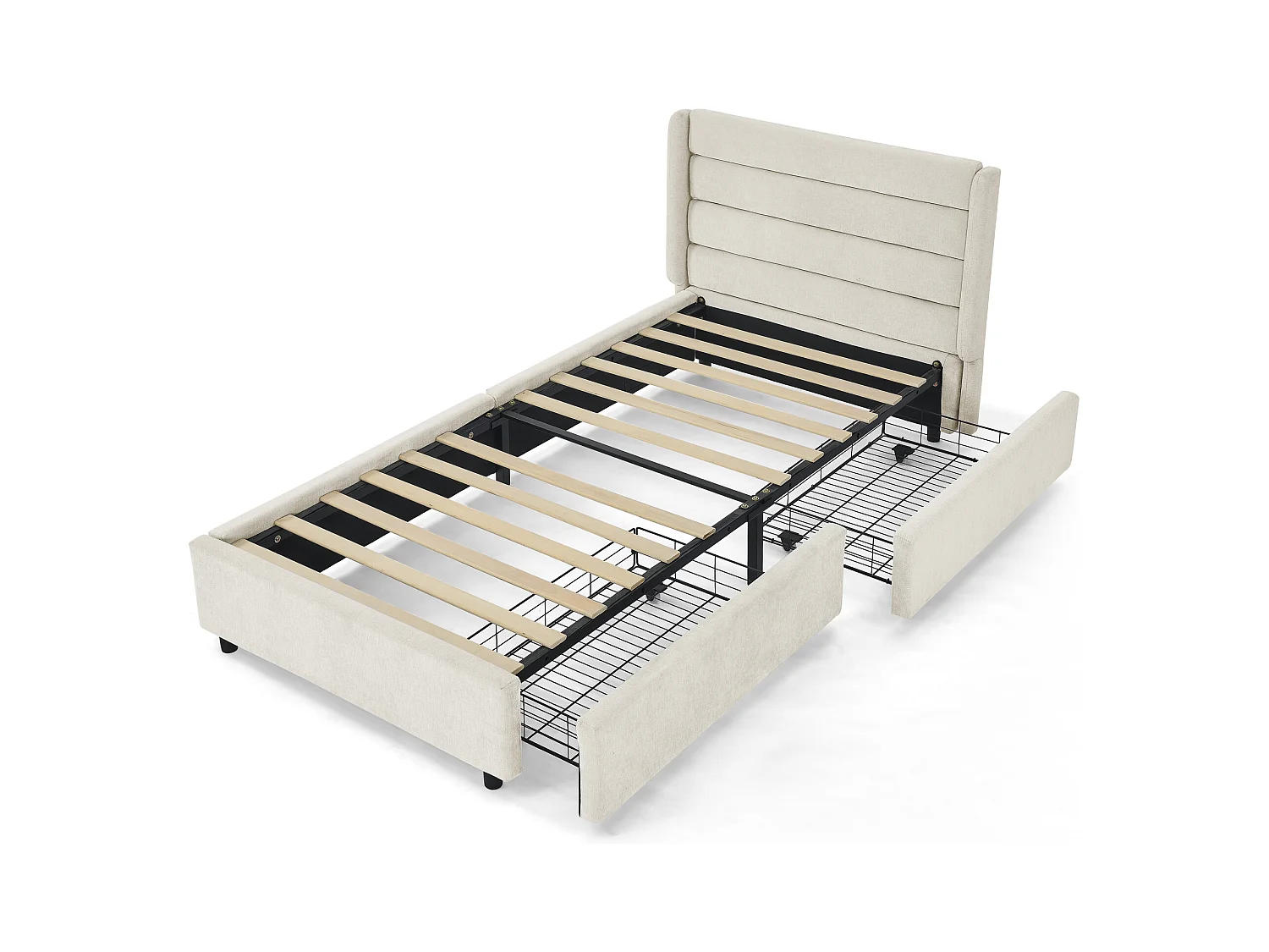 Cama individual de 90 x 200 cm con 2 cajones, tejido chenilla beige, sin colchón