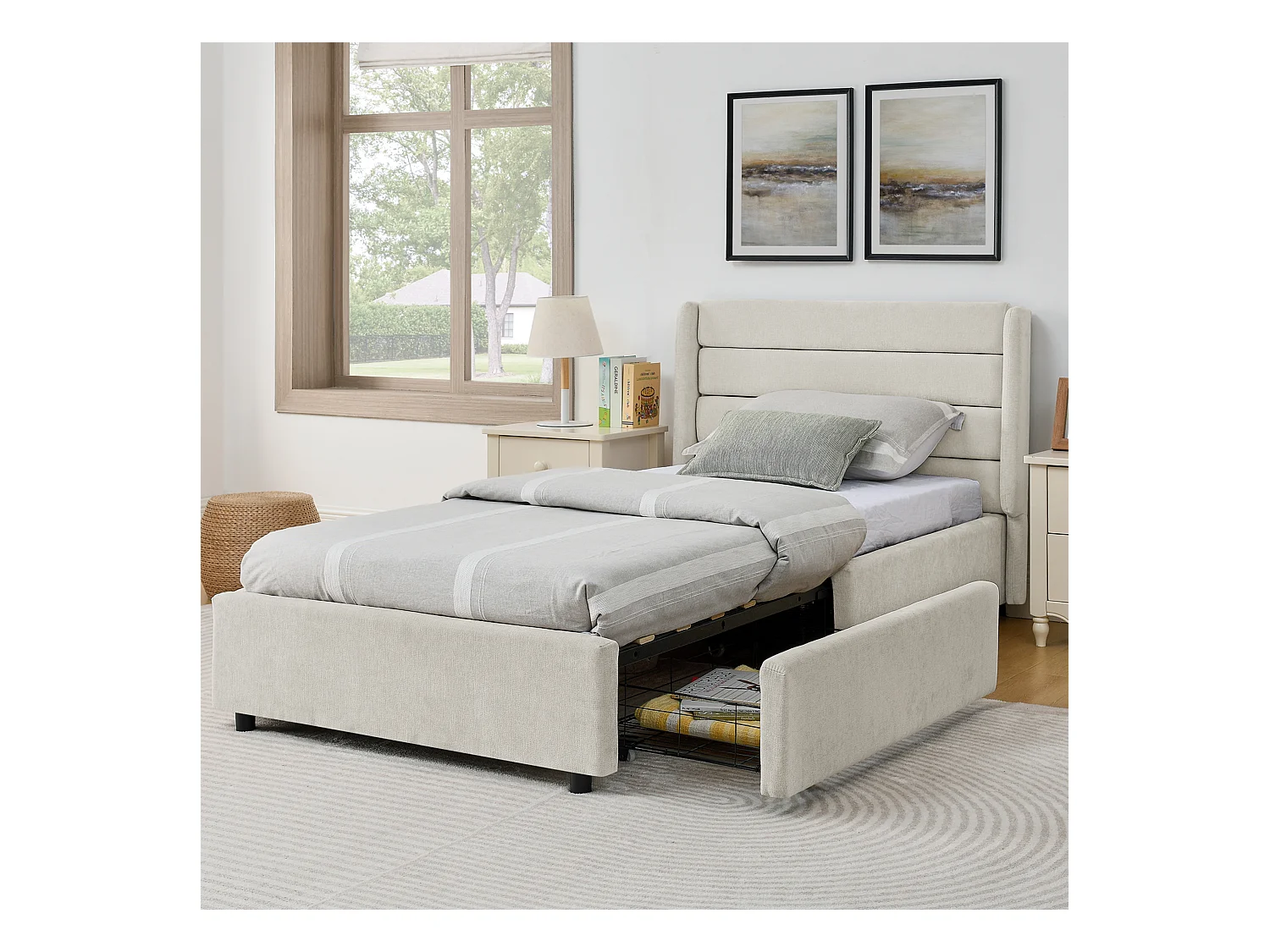 Cama individual de 90 x 200 cm con 2 cajones, tejido chenilla beige, sin colchón