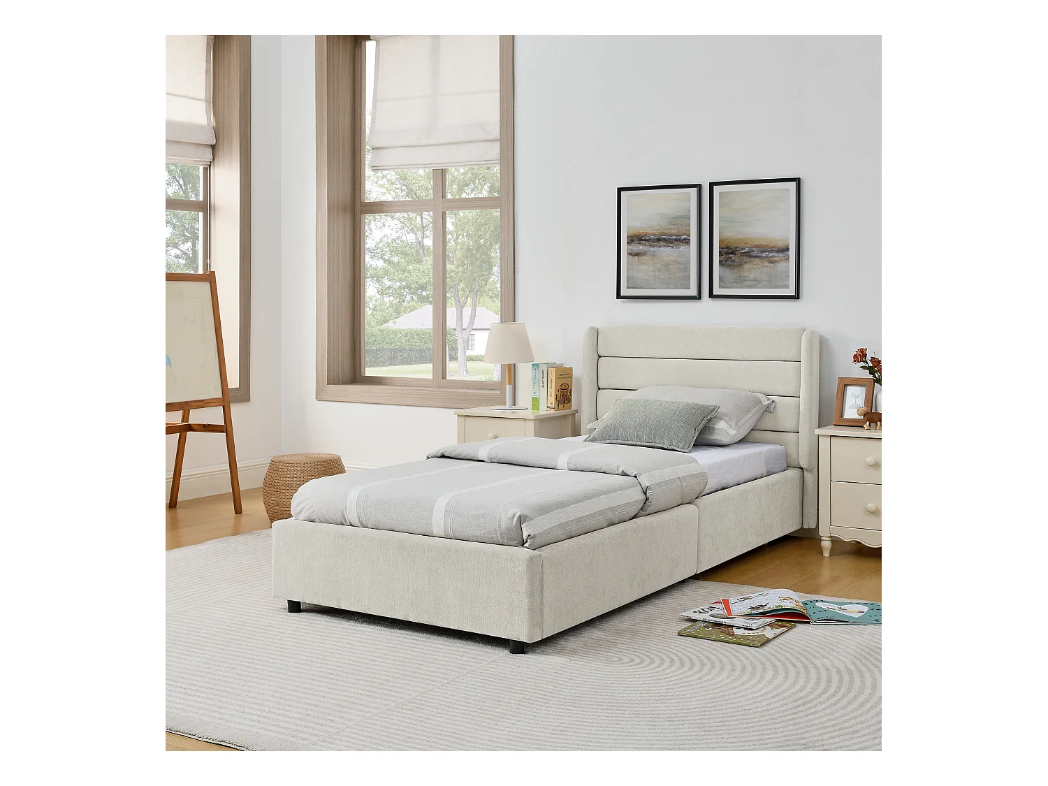 Cama individual de 90 x 200 cm con 2 cajones, tejido chenilla beige, sin colchón