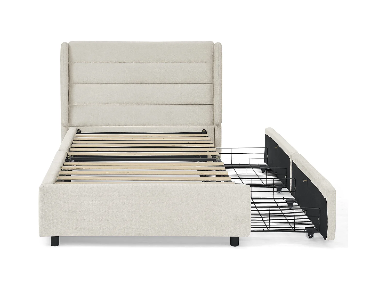 Cama individual de 90 x 200 cm con 2 cajones, tejido chenilla beige, sin colchón