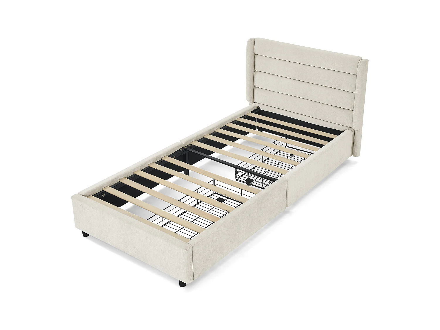 Cama individual de 90 x 200 cm con 2 cajones, tejido chenilla beige, sin colchón