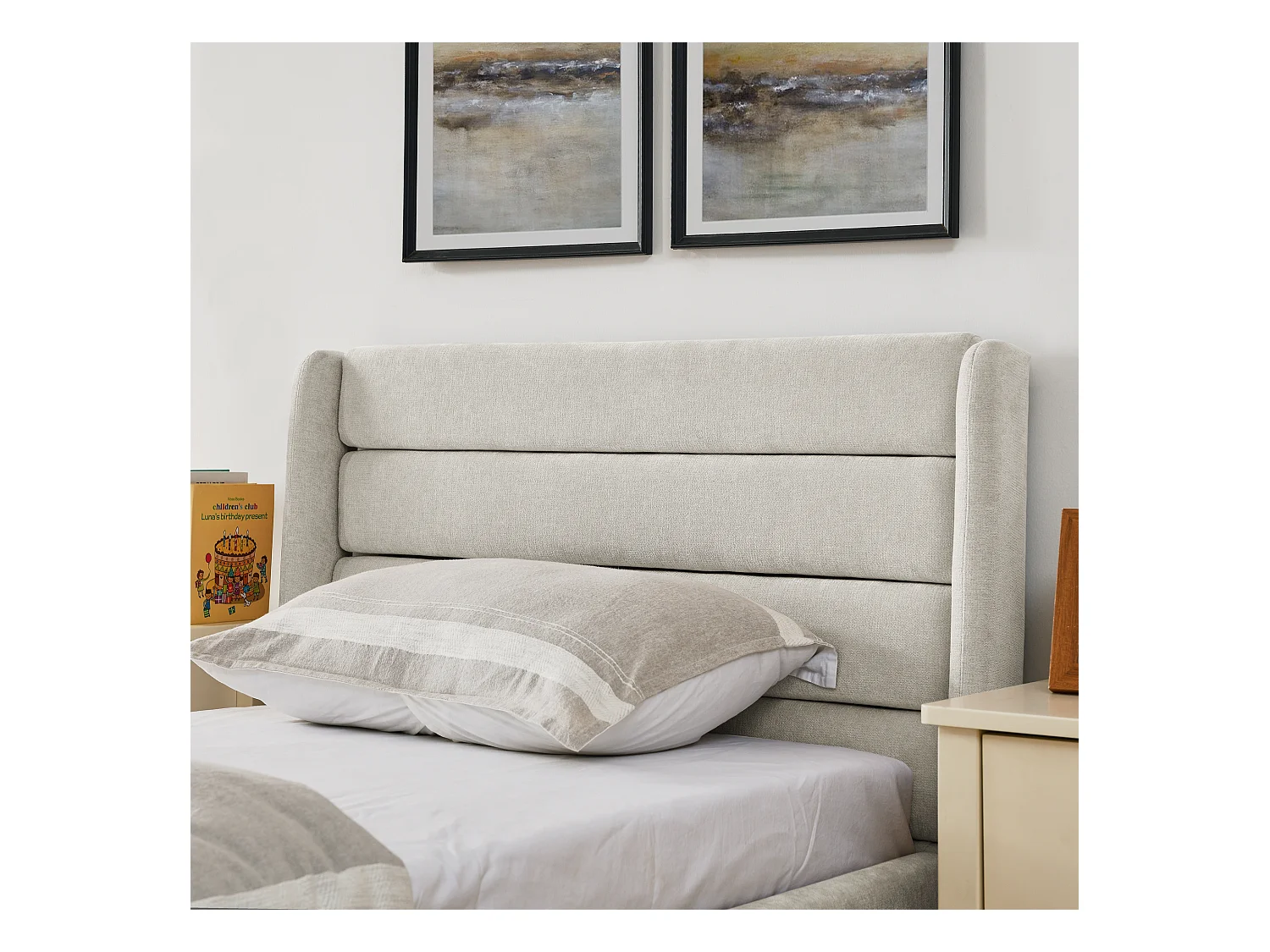 Cama individual de 90 x 200 cm con 2 cajones, tejido chenilla beige, sin colchón