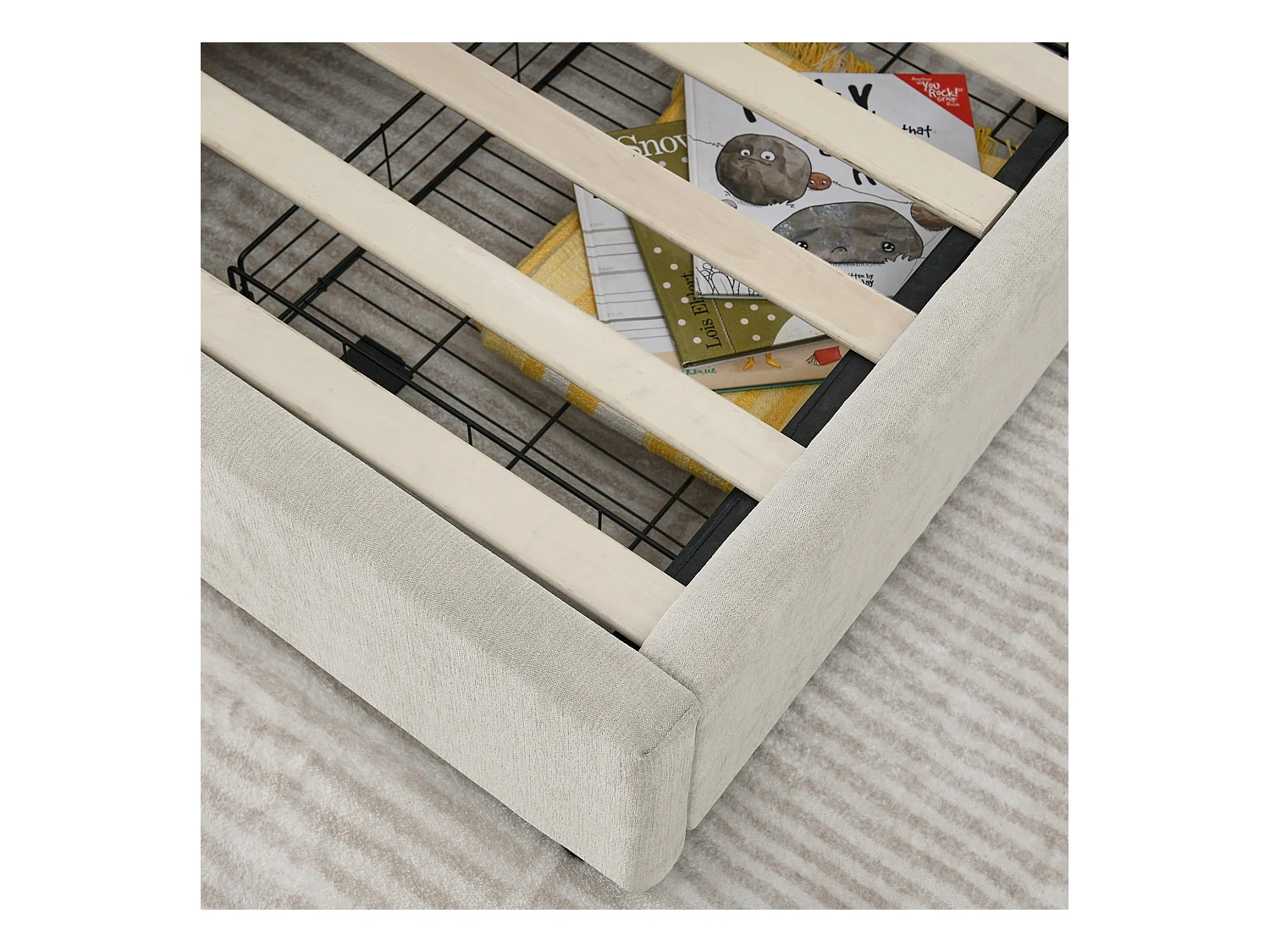 Cama individual de 90 x 200 cm con 2 cajones, tejido chenilla beige, sin colchón