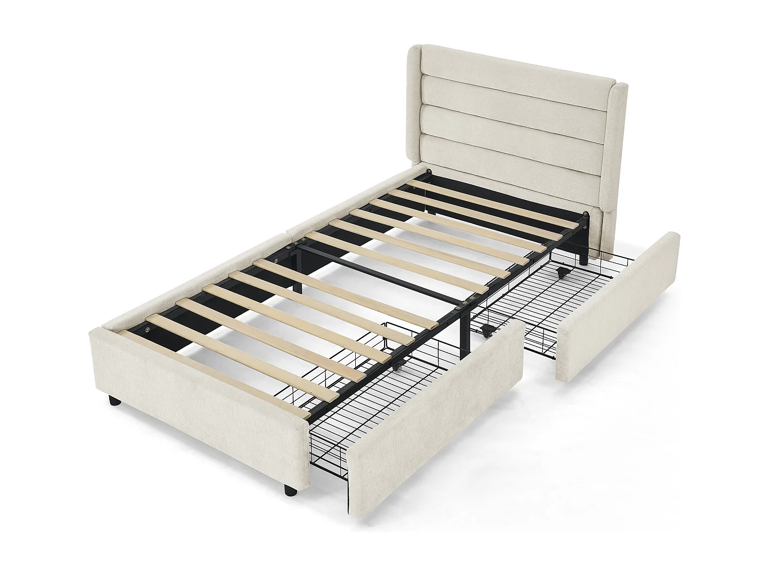 Lit simple 90 x 200 cm avec 2 tiroirs, tissu chenille beige, sans matelas