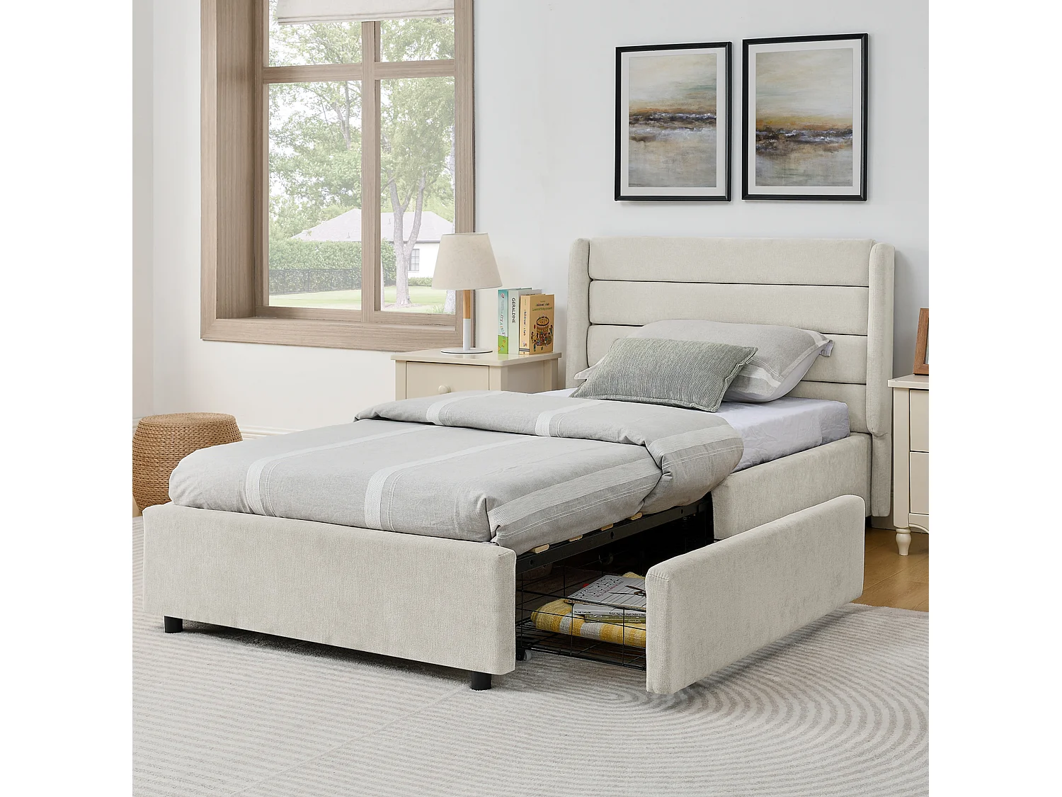 Lit simple 90 x 200 cm avec 2 tiroirs, tissu chenille beige, sans matelas