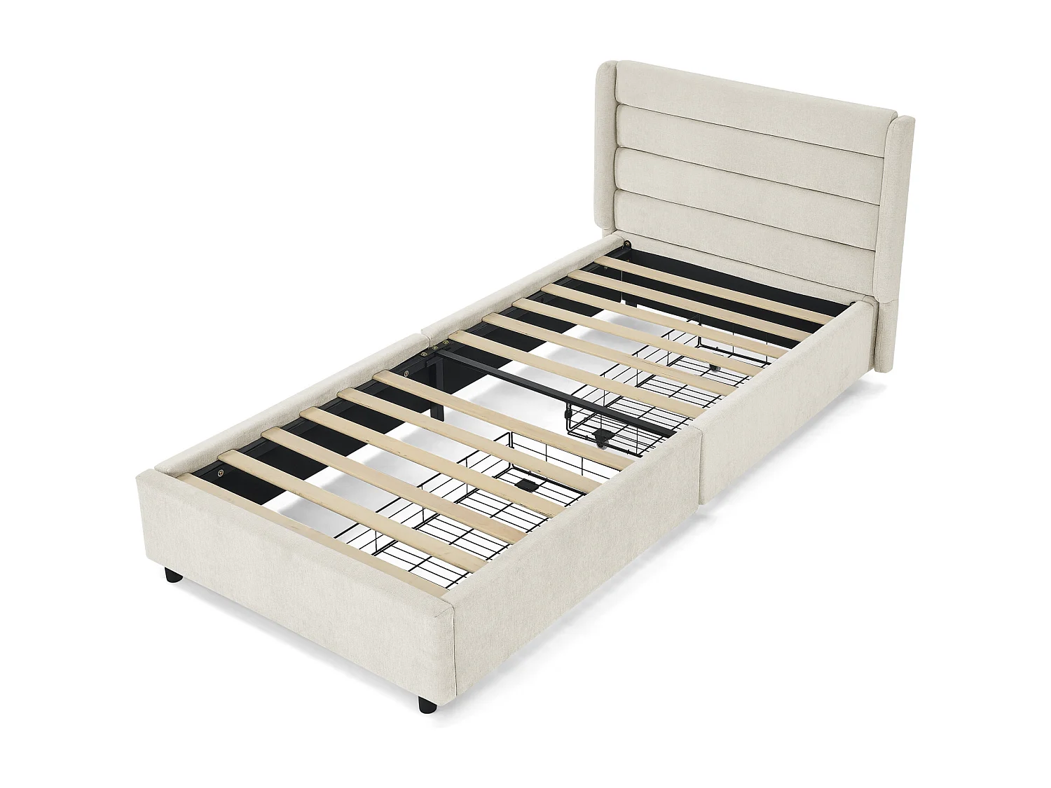 Lit simple 90 x 200 cm avec 2 tiroirs, tissu chenille beige, sans matelas