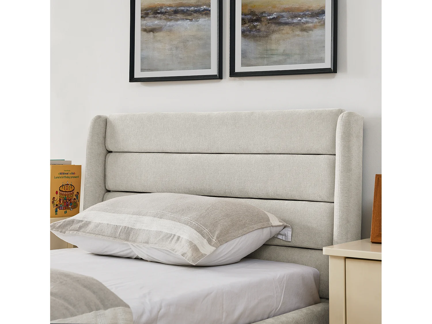 Lit simple 90 x 200 cm avec 2 tiroirs, tissu chenille beige, sans matelas