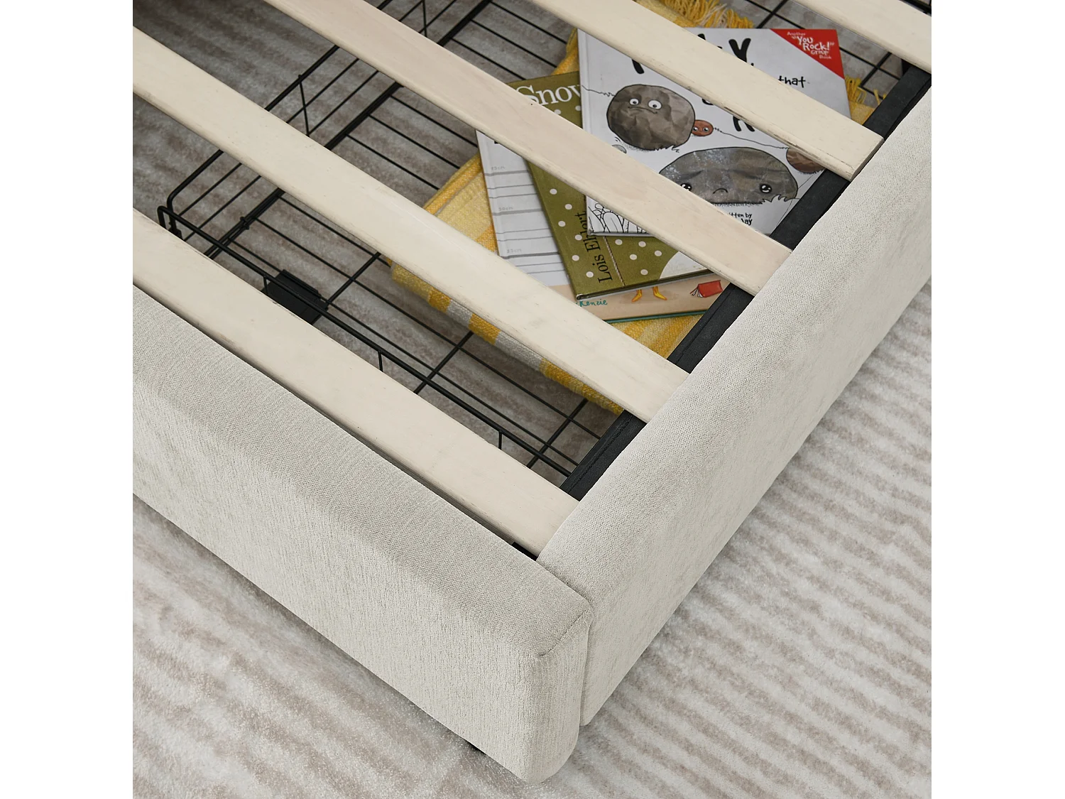 Lit simple 90 x 200 cm avec 2 tiroirs, tissu chenille beige, sans matelas