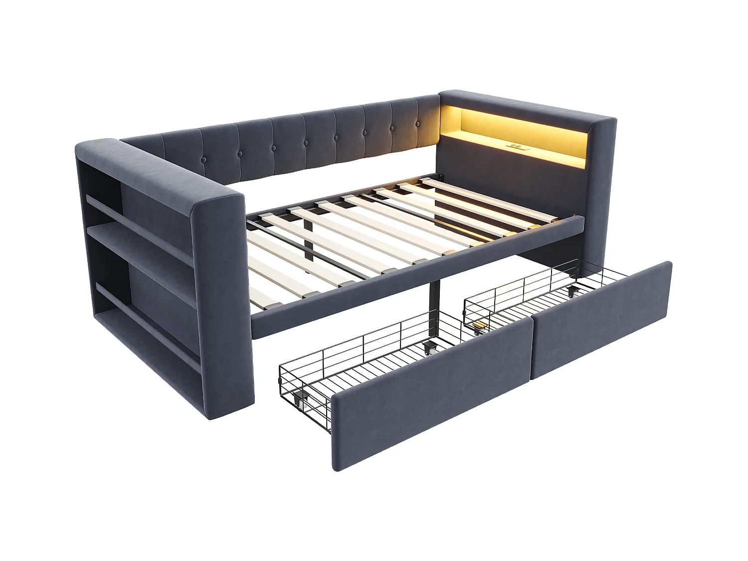 Divano letto grigio scuro 90x190cm con 2 cassetti, illuminazione a LED e presa di corrente, senza materasso