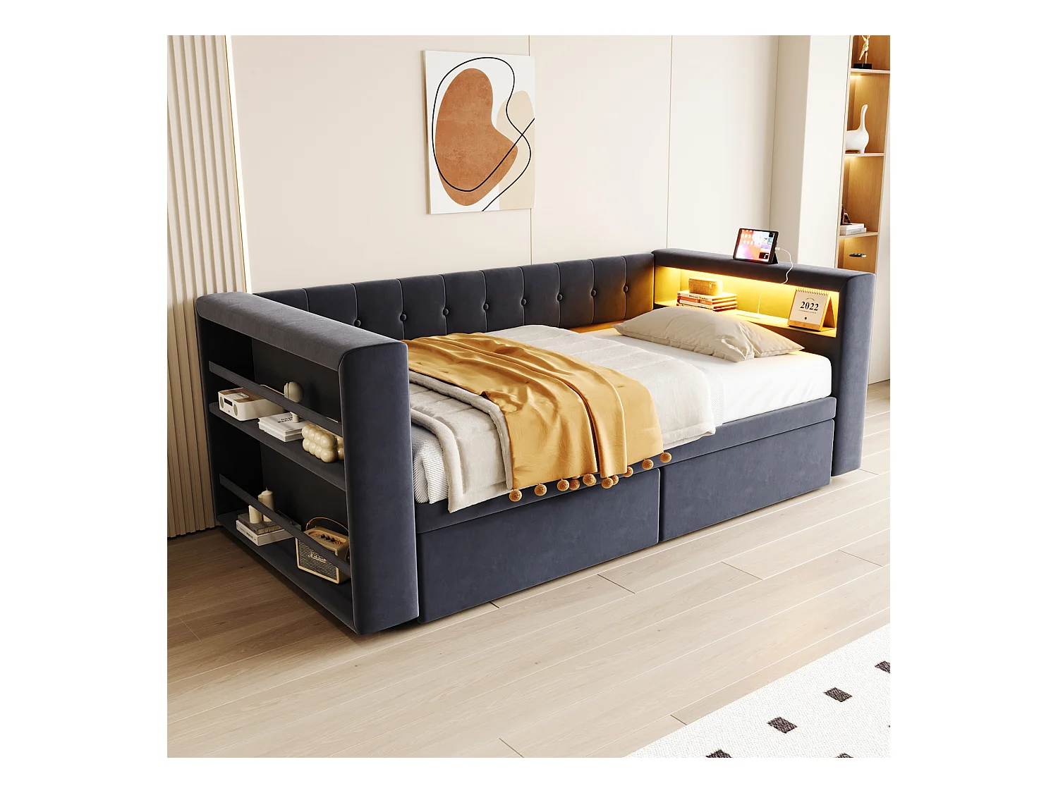 Divano letto grigio scuro 90x190cm con 2 cassetti, illuminazione a LED e presa di corrente, senza materasso