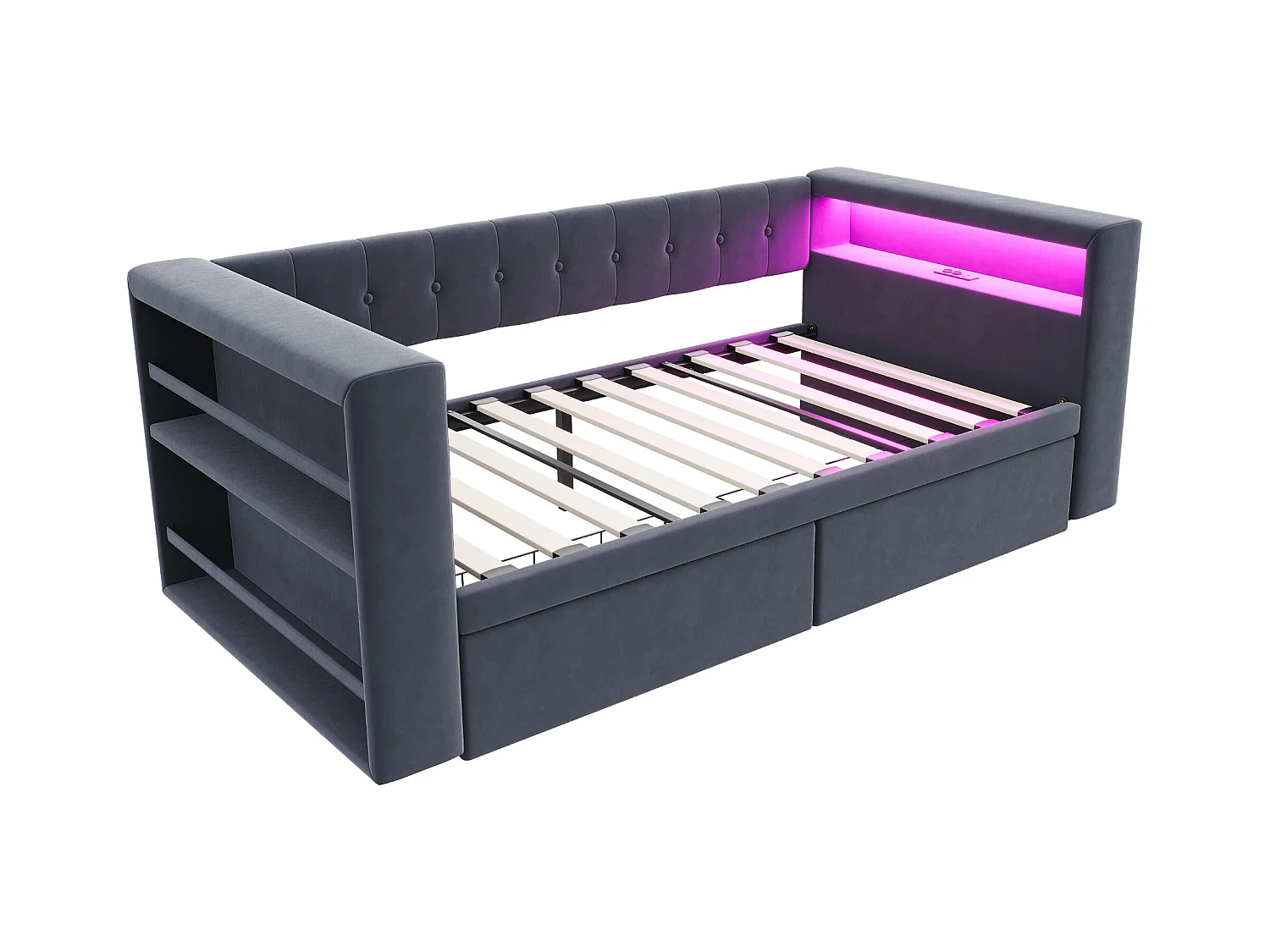 Divano letto grigio scuro 90x190cm con 2 cassetti, illuminazione a LED e presa di corrente, senza materasso