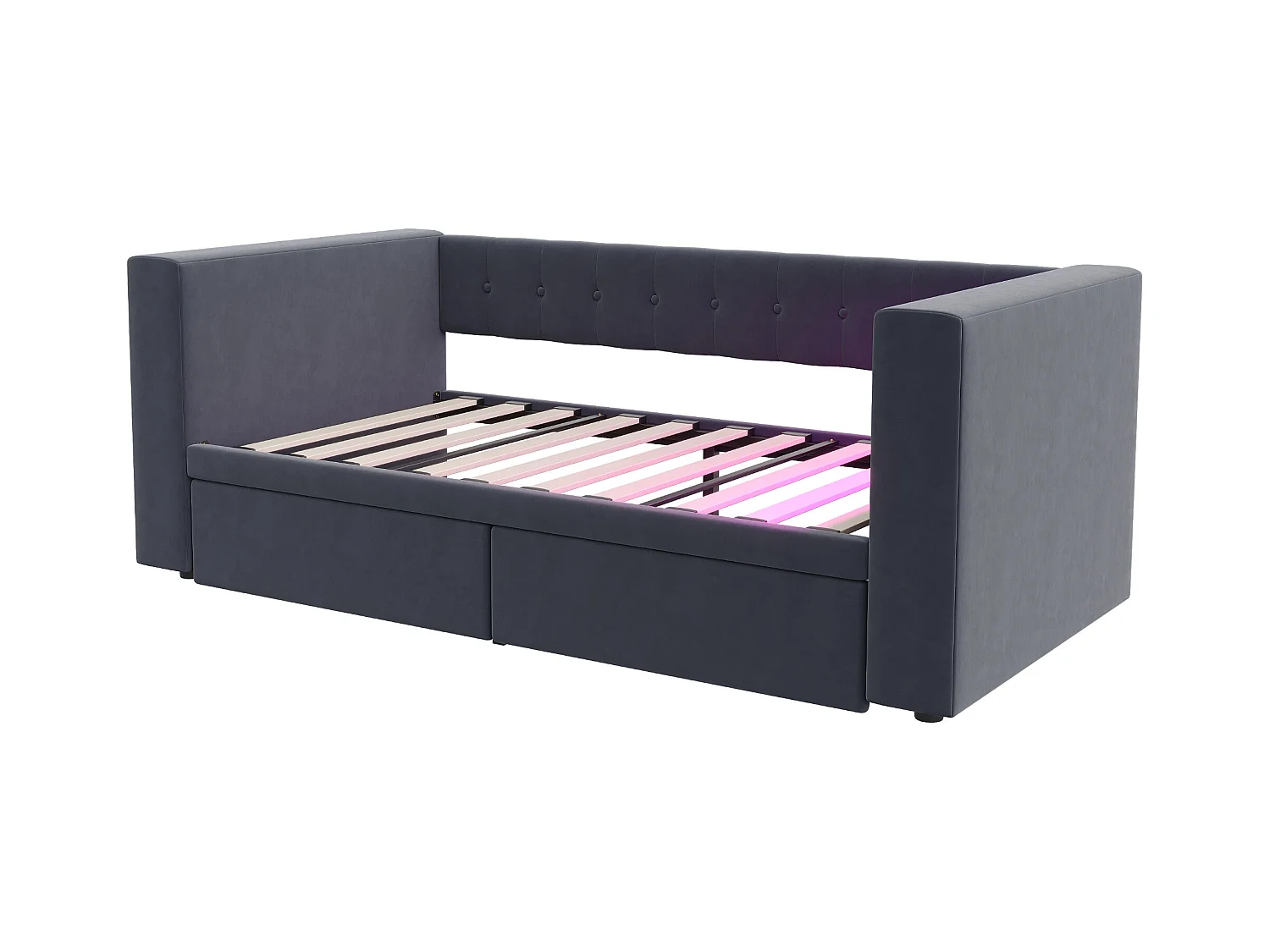 Divano letto grigio scuro 90x190cm con 2 cassetti, illuminazione a LED e presa di corrente, senza materasso