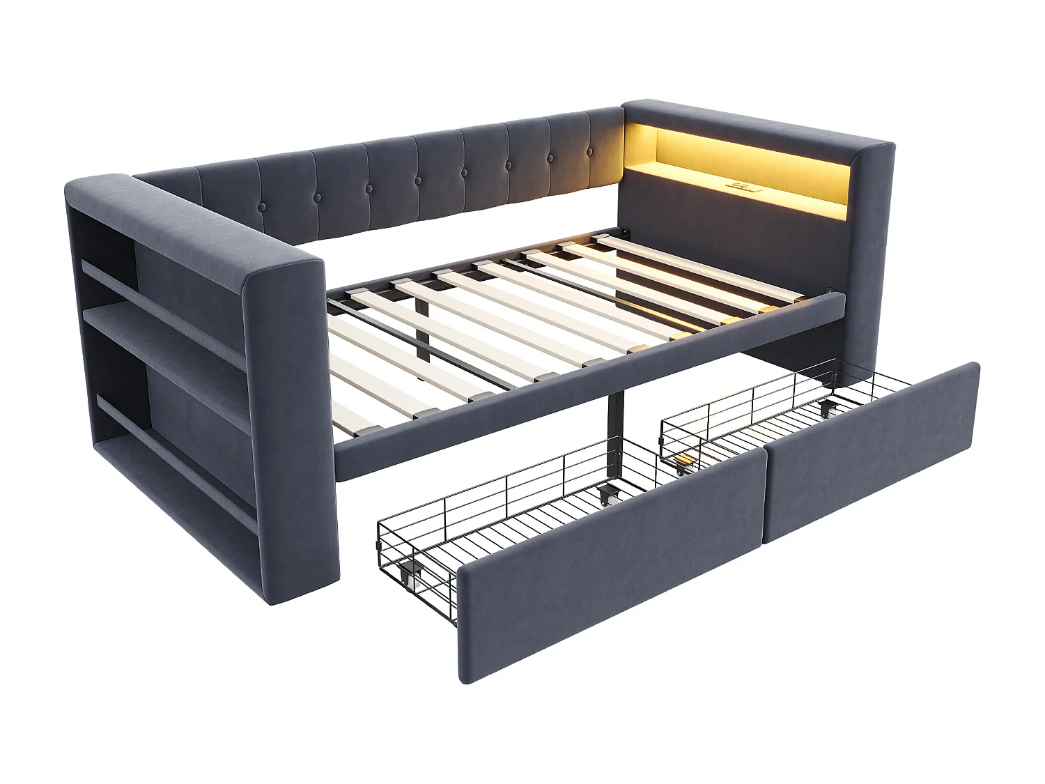 Lit banquette gris foncé 90x190cm avec 2 tiroirs, éclairage LED et prise de courant, sans matelas