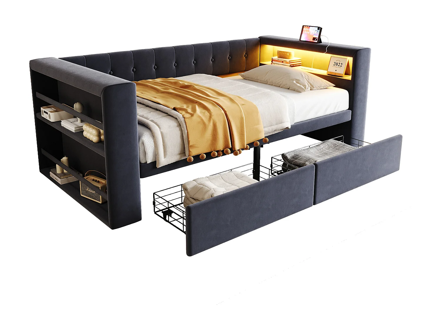 Lit banquette gris foncé 90x190cm avec 2 tiroirs, éclairage LED et prise de courant, sans matelas